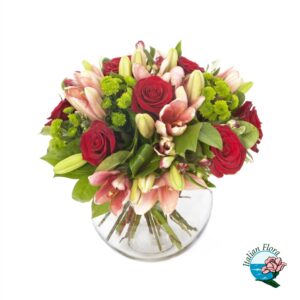 Bouquet con lillium rosa e rose rosse