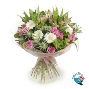 Bouquet di rose rosa e gerbere bianche