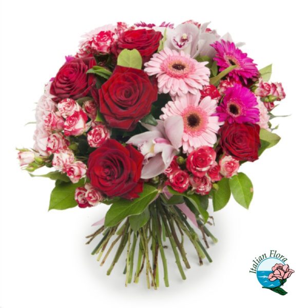 Bouquet di rose rosse e gerbere rosa