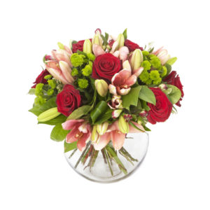 Bouquet con lillium rosa e rose rosse