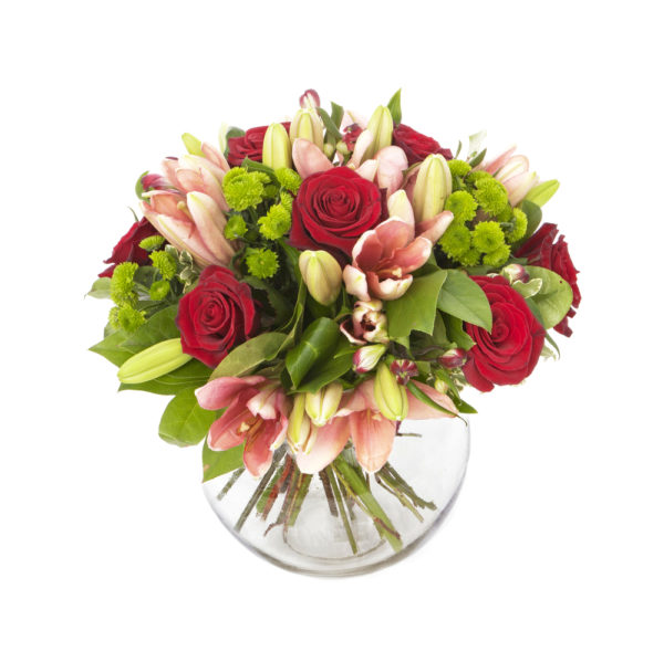 Bouquet con lillium rosa e rose rosse