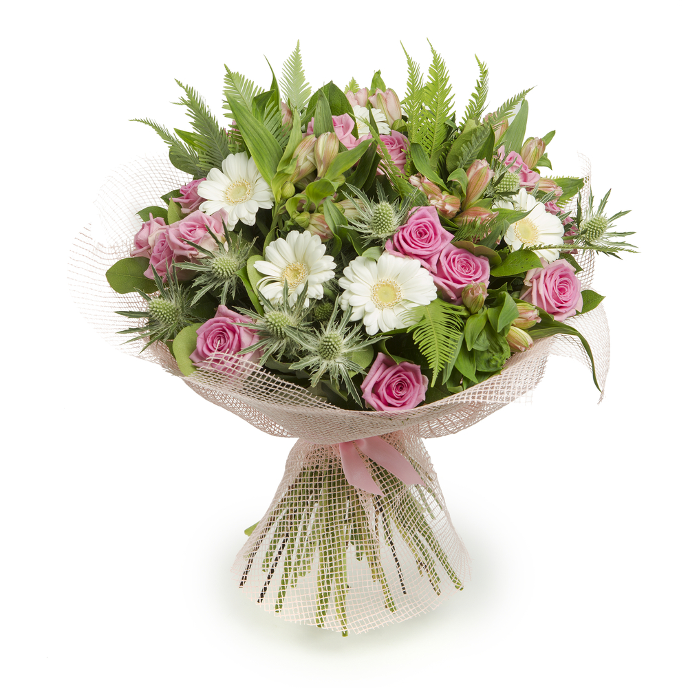 Bouquet di rose rosa e gerbere bianche