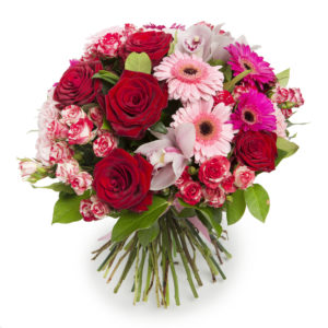 Bouquet di rose rosse e gerbere rosa