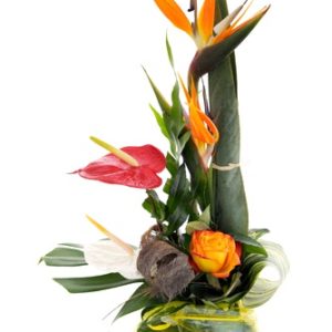 Composizione con rose, anthurium e sterlizie