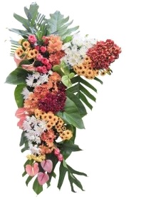 Palma funebre con gerbere, garofani e anthurium