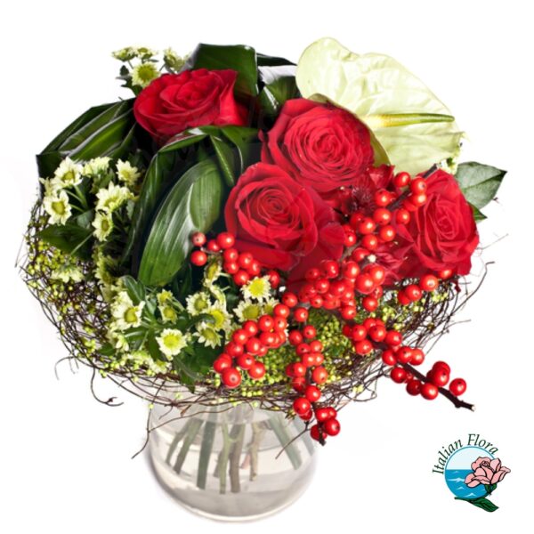 Bouquet natalizio con rose e anthurium