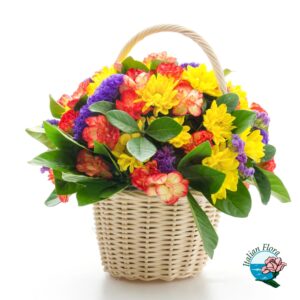 Cestino di fiori gialli rossi e viola