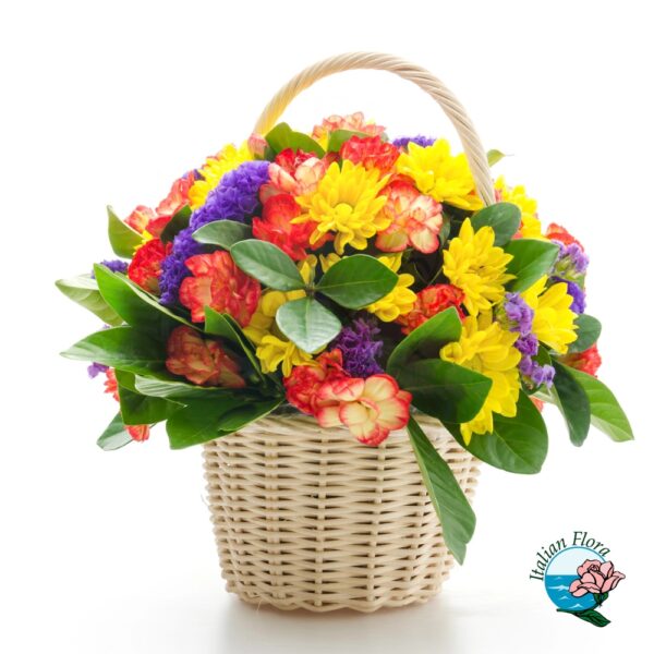Cestino di fiori gialli rossi e viola