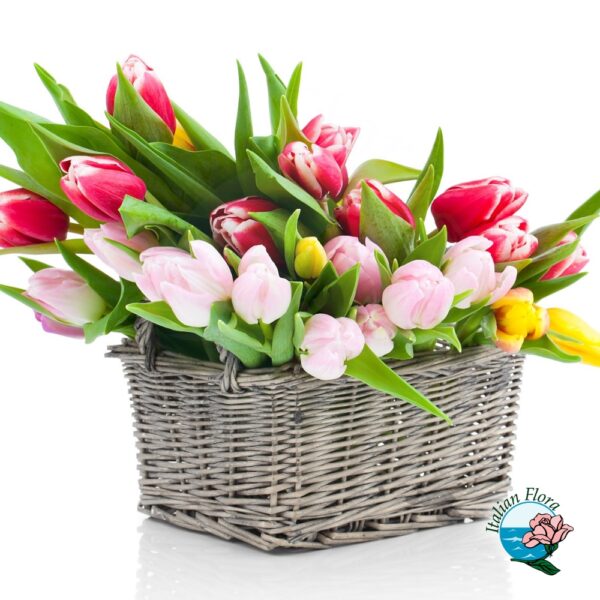 Cesto di tulipani rosa rossi e gialli