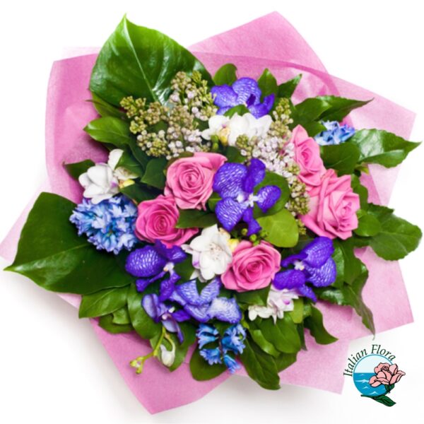 Bouquet rosa, bianco e blu