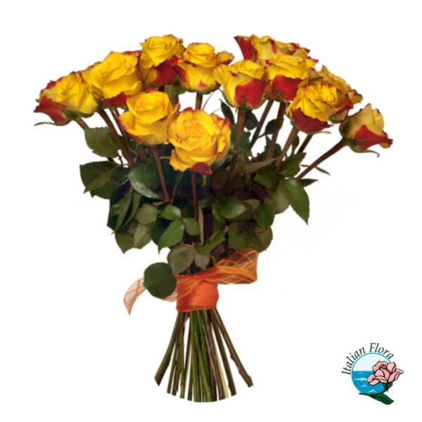 Mazzo di rose sfumate arancioni e rosse